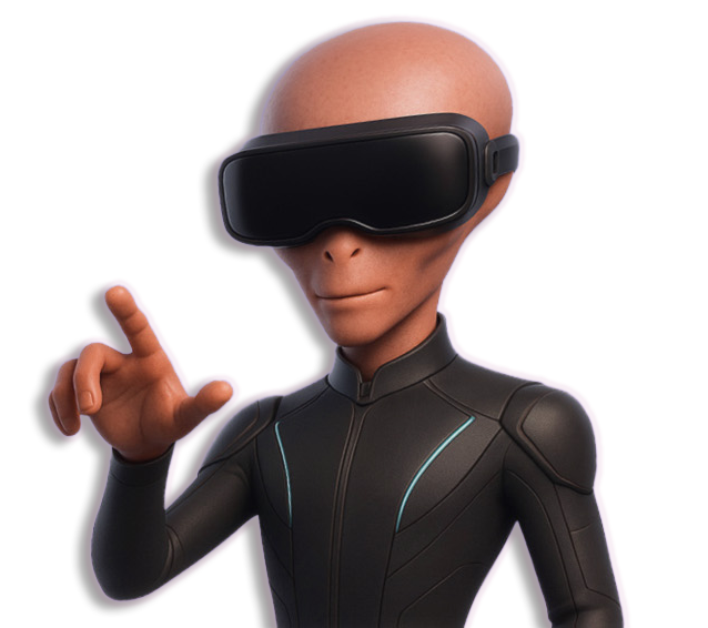 L'Aliène Hervé en pleine expérience de réalité virtuelle, il essaye de toucher quelque chose avec son doigt